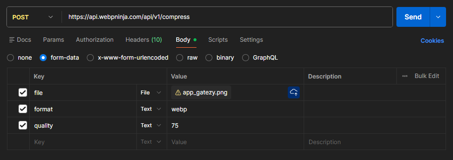 Setting the file, format, and quality form-data fields in Postman